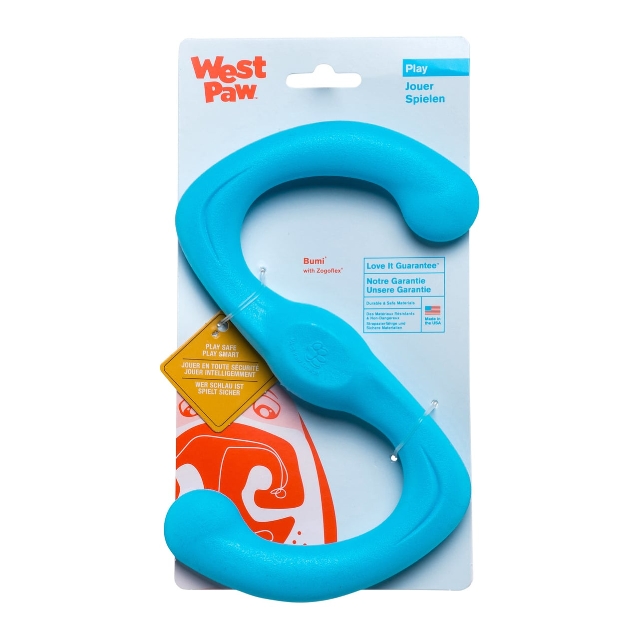 West Paw Bumi Large dog toy in Aqua Blue, perfect for playful fetch and tug games.