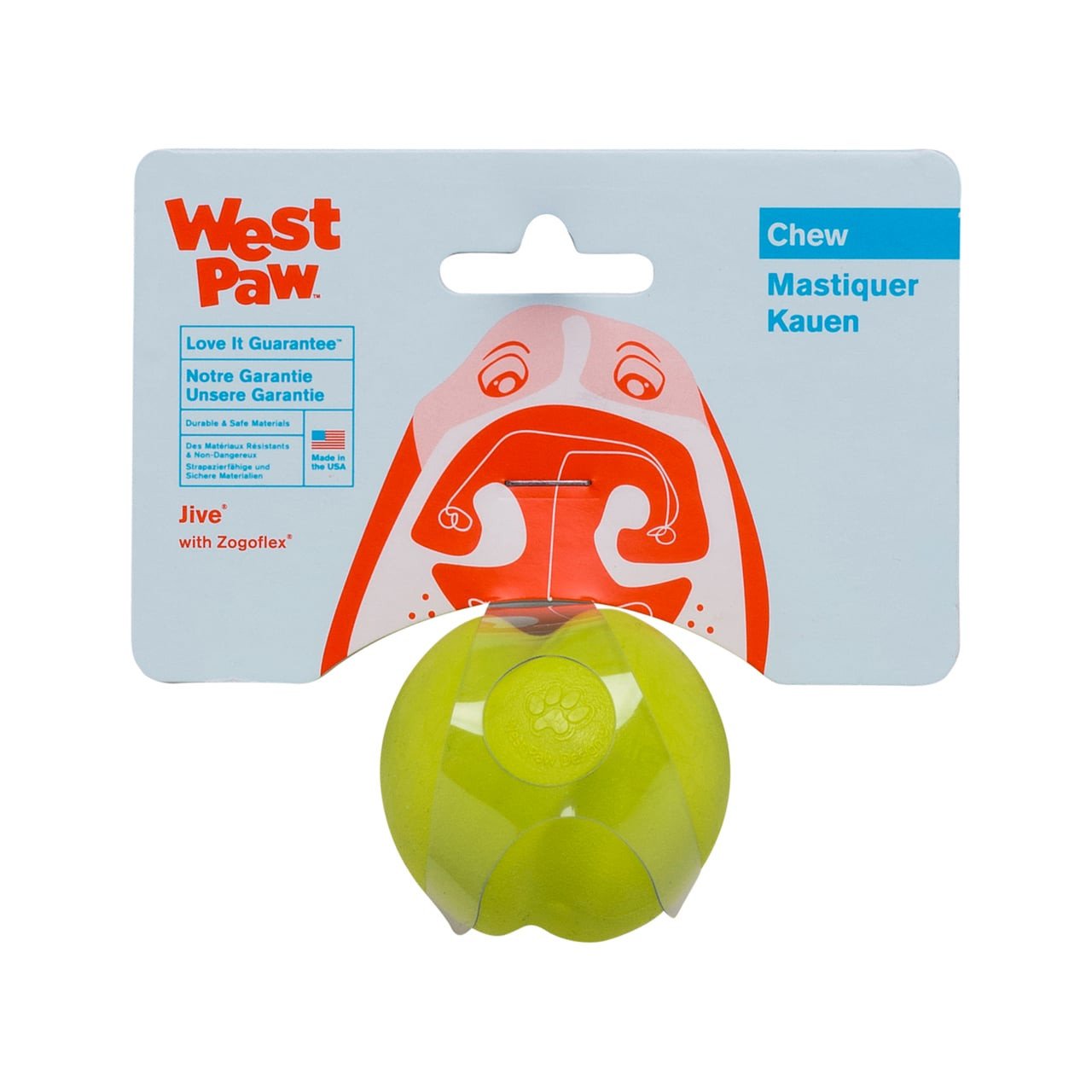 West Paw Jive Zogoflex Tough Fetch Ball in bright green, X-Small size, durable dog toy.