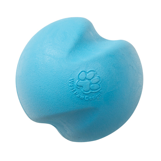 Durable blue West Paw Jive Zogoflex large fetch ball for dogs, ideal for outdoor play.