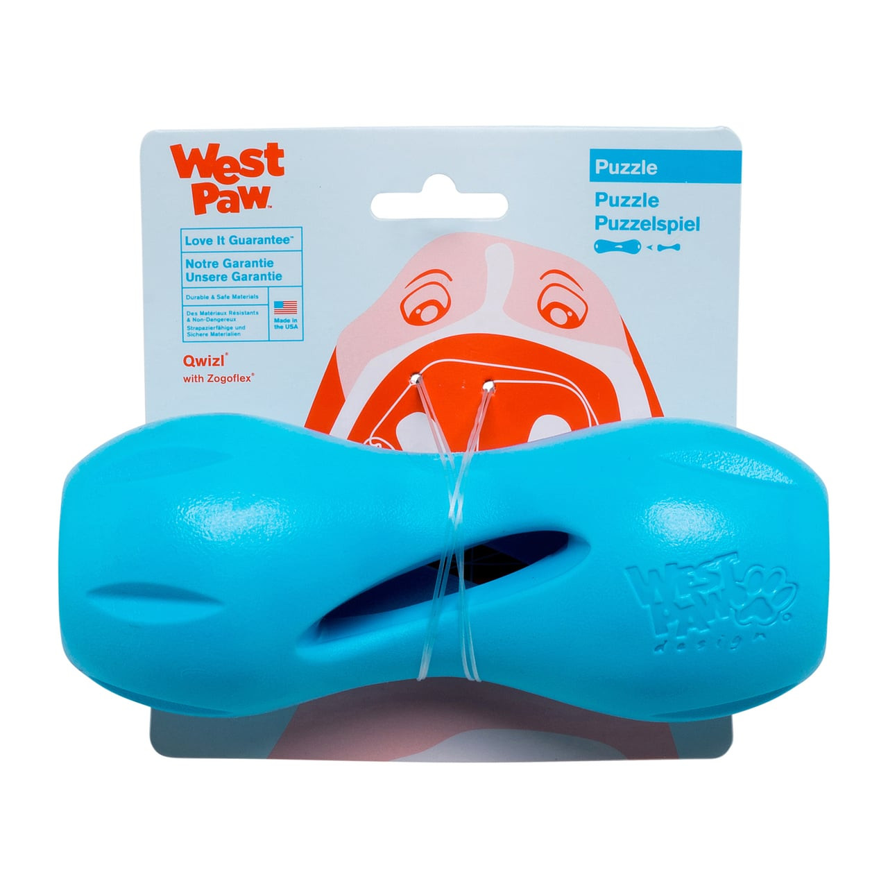 West Paw Qwizl Large toy in Aqua Blue, designed for dog puzzles and interactive play.