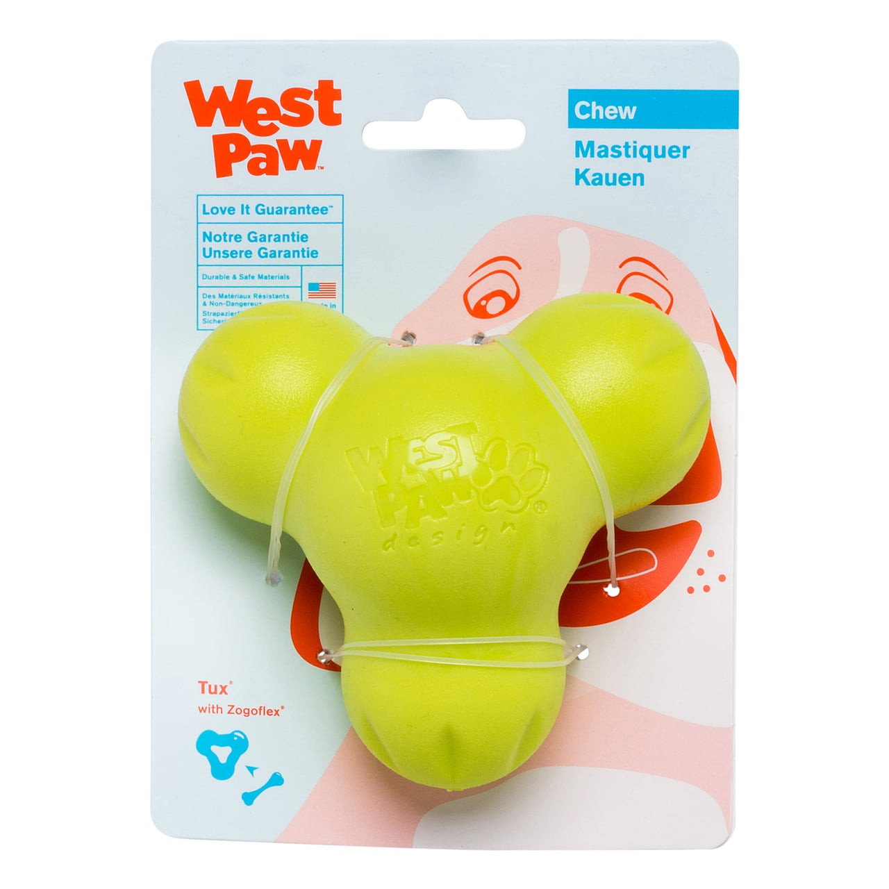 West Paw Tux Small in green, durable chew toy for dogs, featuring unique shape and design.