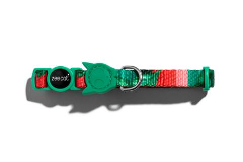 Zee.Cat Bali Cat Collar in vibrant green and red with adjustable buckle and safety features.