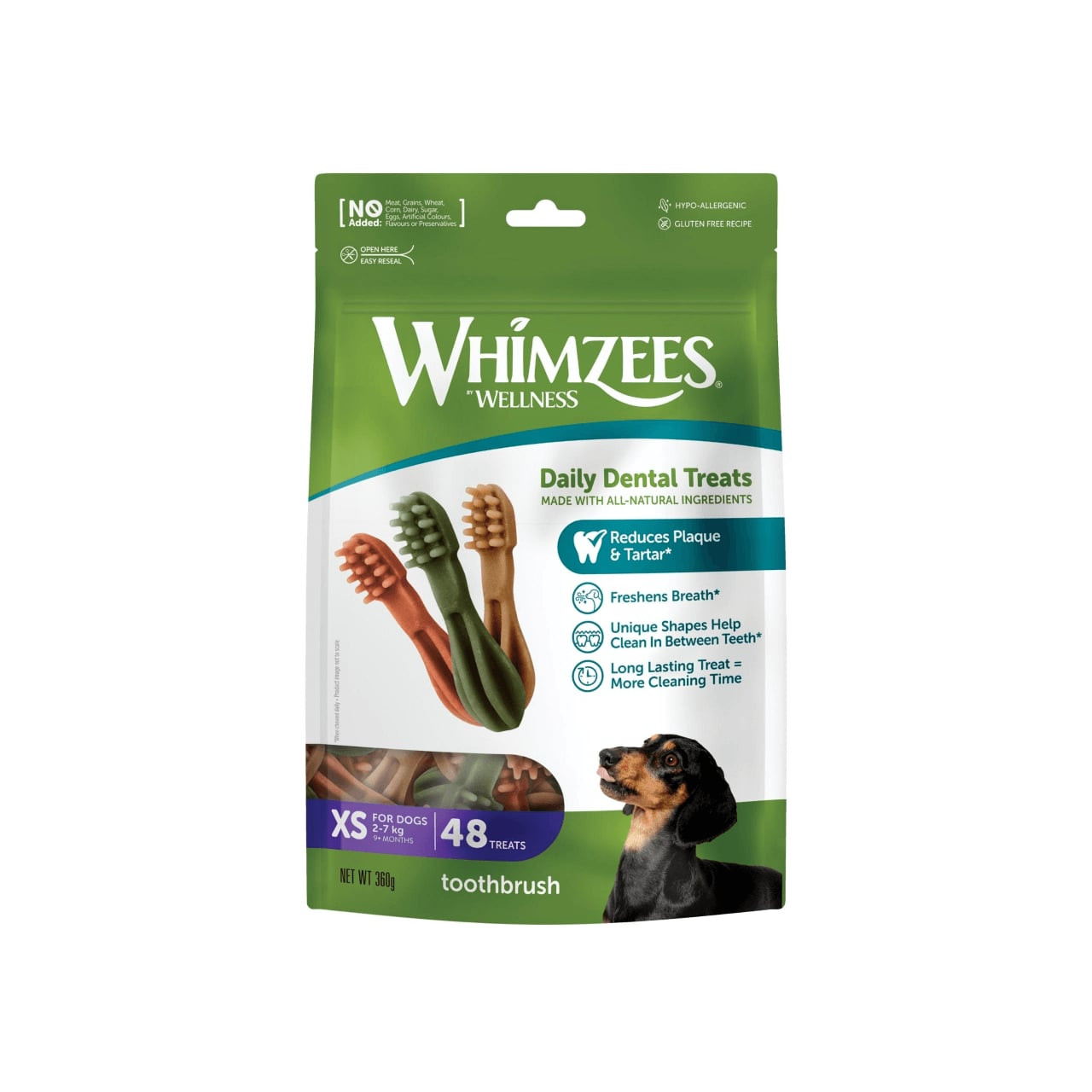 Whimzees X-Small Toothbrush Dental Dog Treats, 48 pack, reduces plaque and tartar.