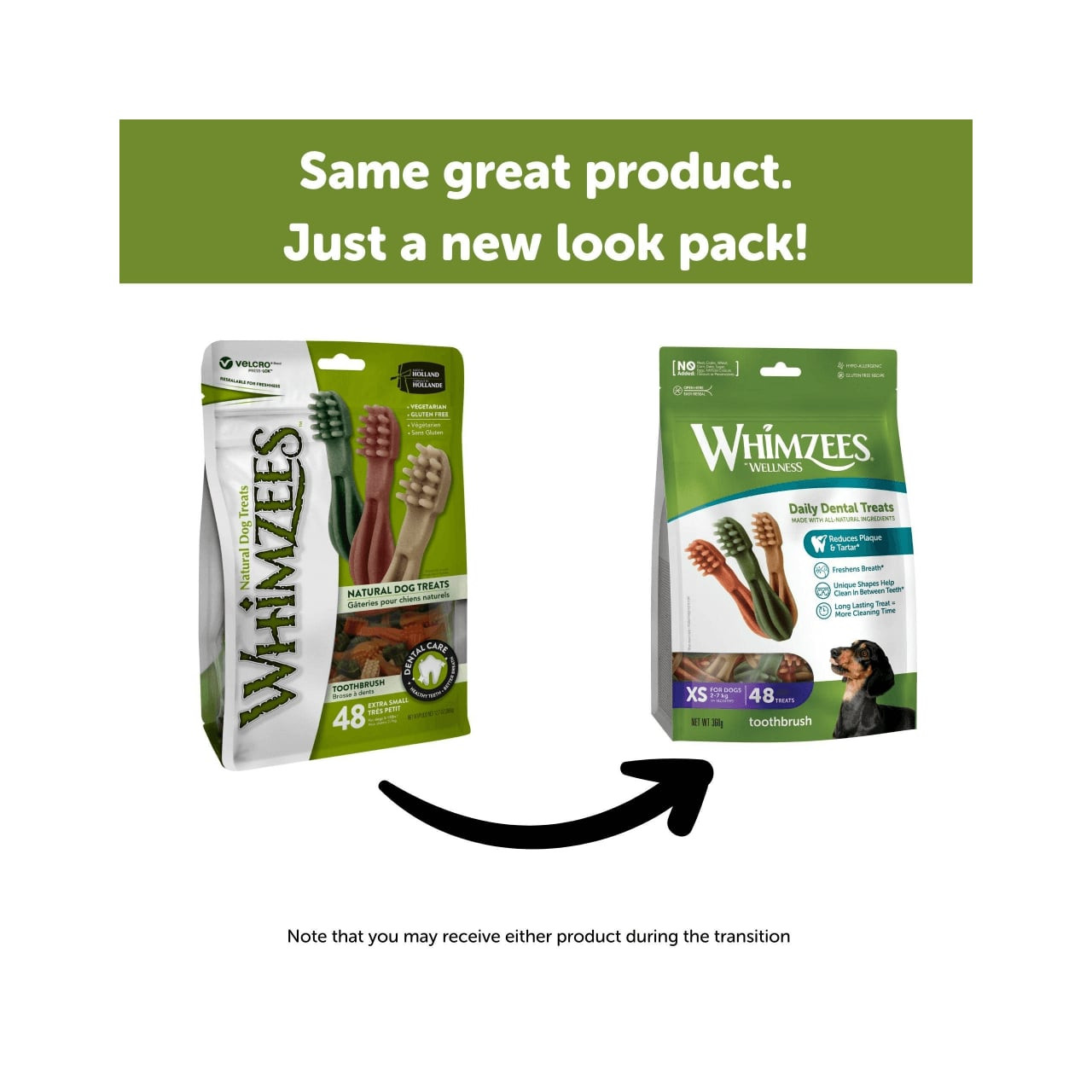 Whimzees x-small toothbrush dental dog treats, 48 pack with updated packaging design.