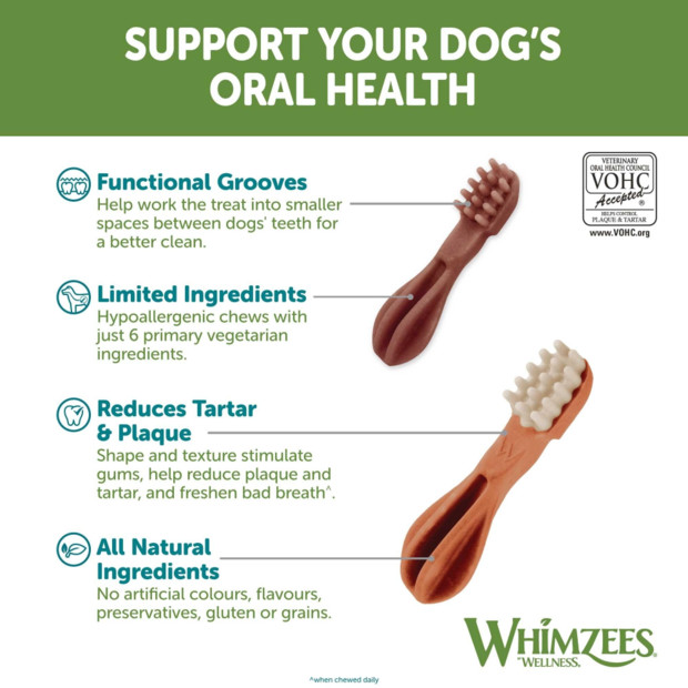 Whimzees X-Small Toothbrush Dental Treats pack for dogs, promoting oral health and fresh breath.