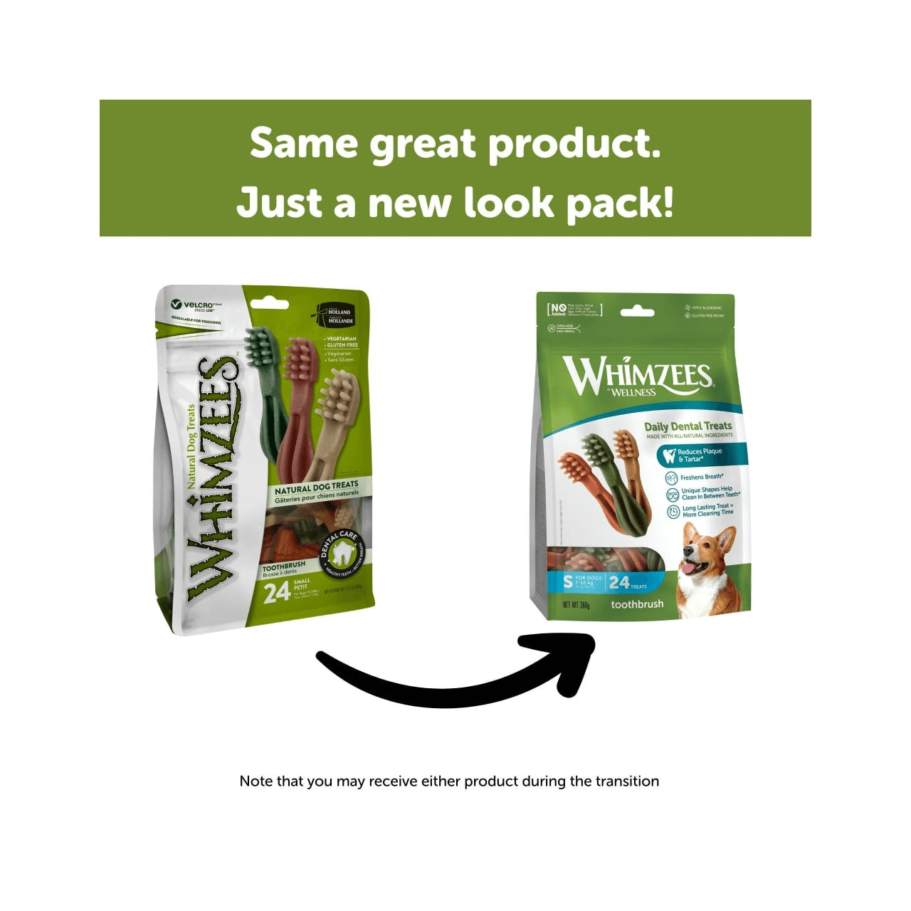 Whimzees Small Toothbrush Dental Dog Treats, 24 pack, new packaging design showcased.