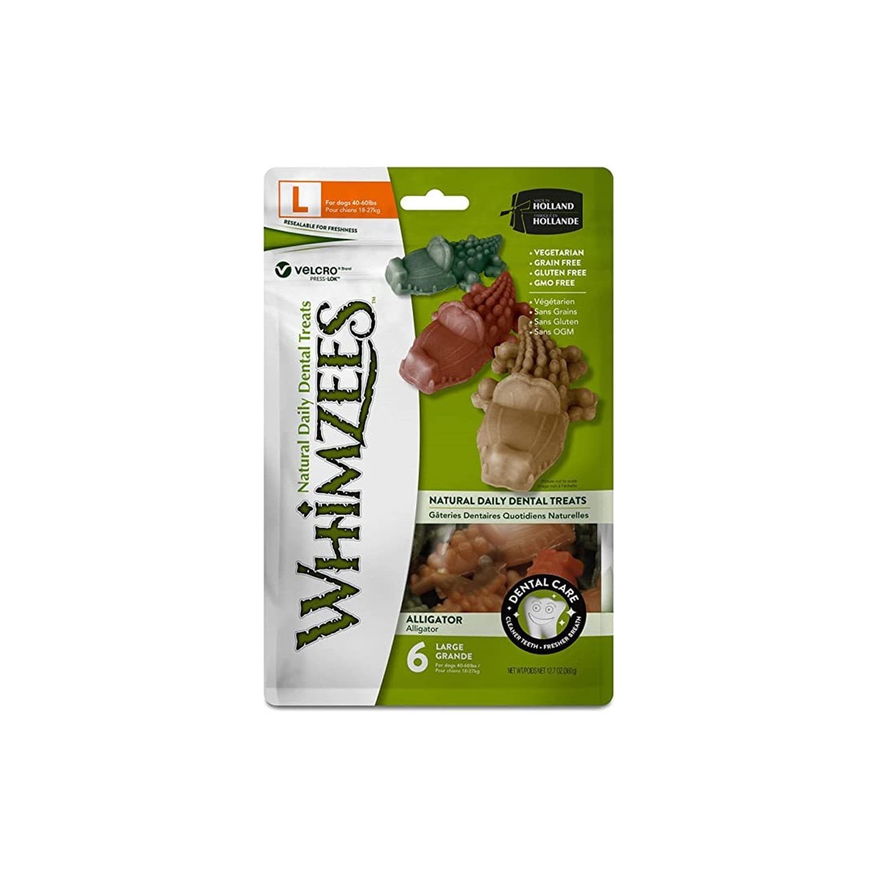 Whimzees Alligator Large Dog Dental Treats 6-pack, featuring natural ingredients for dental care.