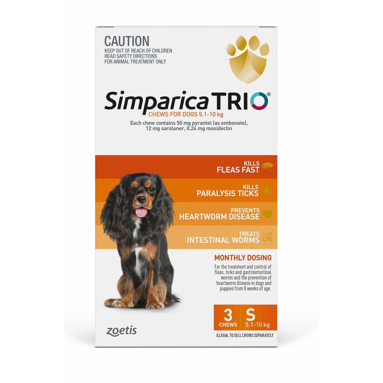 Simparica TRIO for Dogs 5.1-10 kg - 3 orange chews for flea and tick prevention.