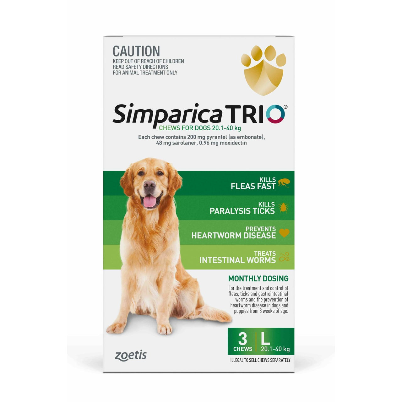 Simparica TRIO for Dogs 20.1-40 kg, green box with 3 chews for flea and tick prevention.