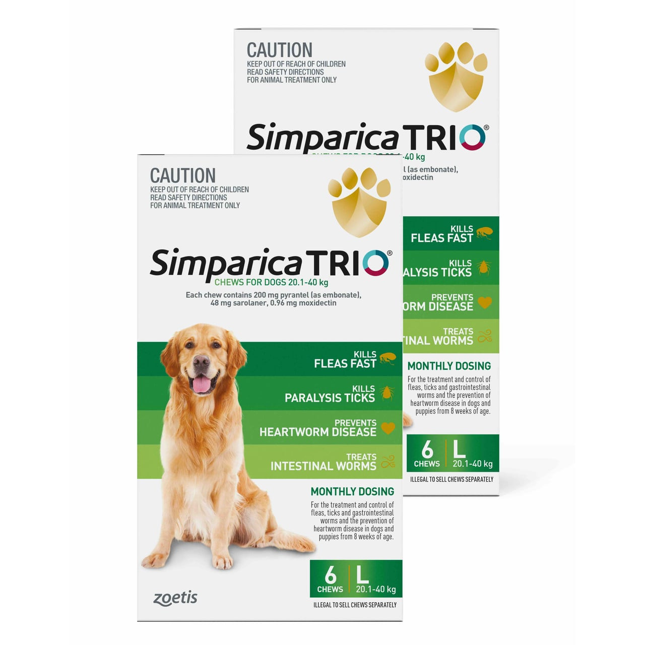 Simparica TRIO for Dogs 20.1-40 kg, 12 green chews for flea, heartworm, and intestinal worm prevention.