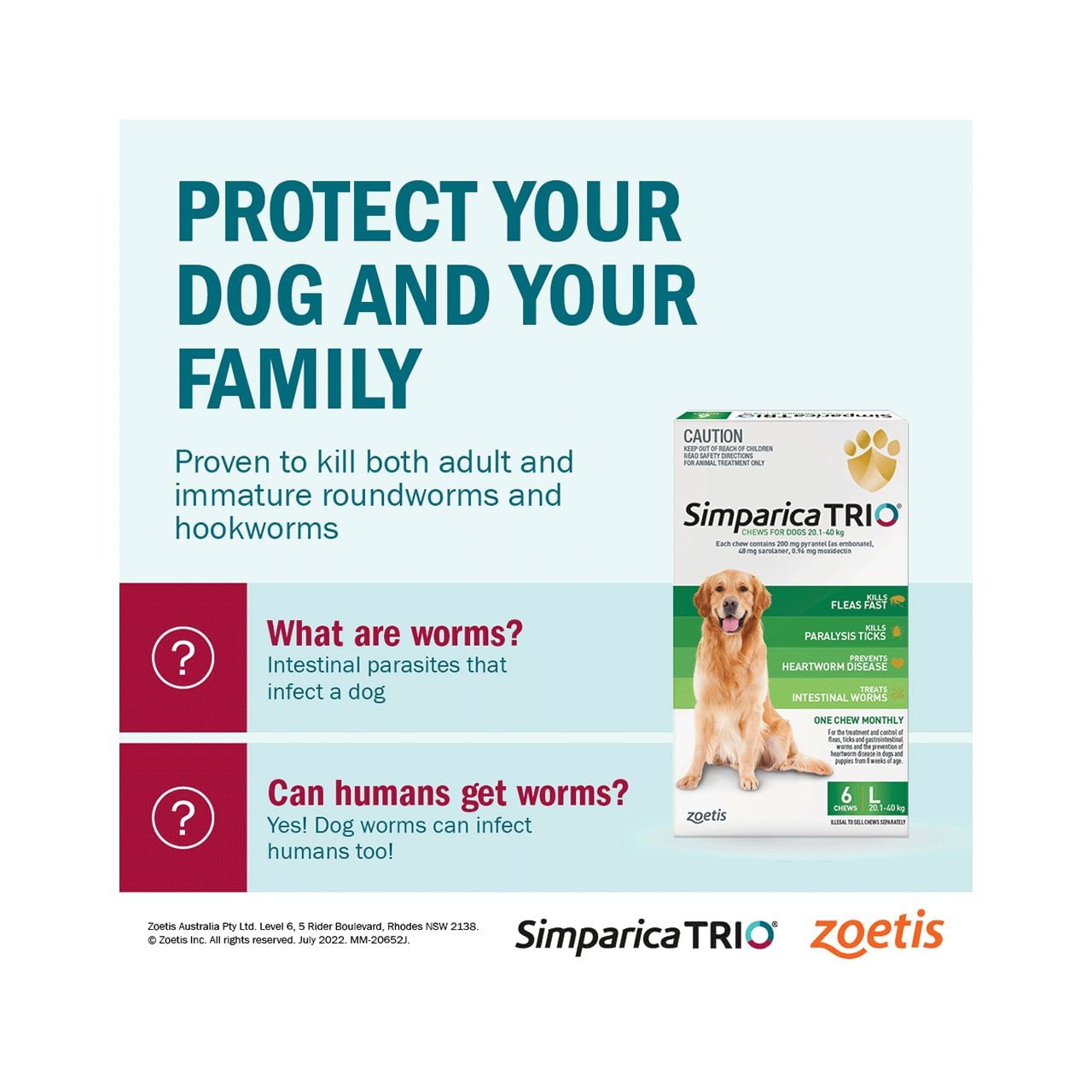 Simparica TRIO for Dogs 40.1-60 kg with 3 red chews for parasite protection.