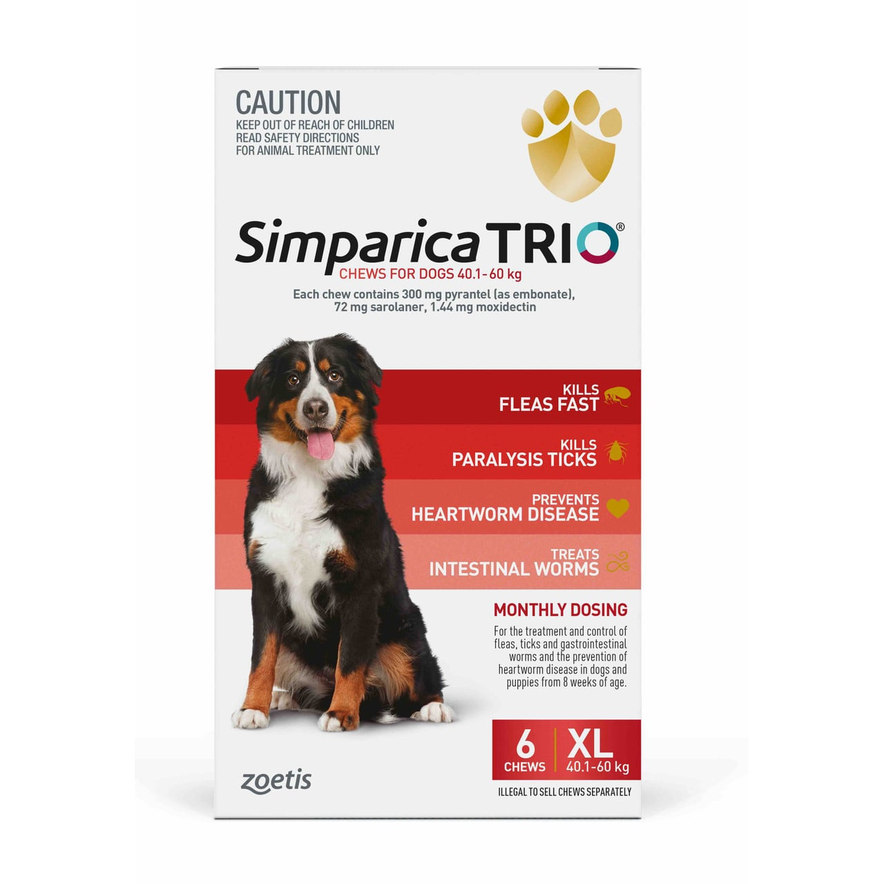 Simparica TRIO for Dogs 40.1-60 kg, 6 red chews for fleas, ticks, and heartworm prevention.