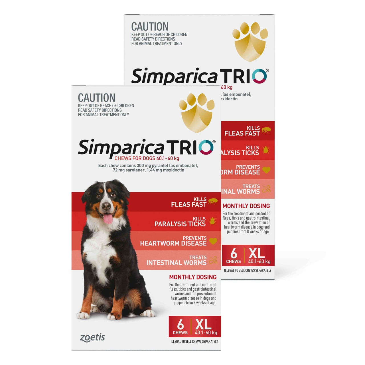 Simparica TRIO for Dogs 40.1-60 kg, 12 red chews for flea, tick, and worm prevention.