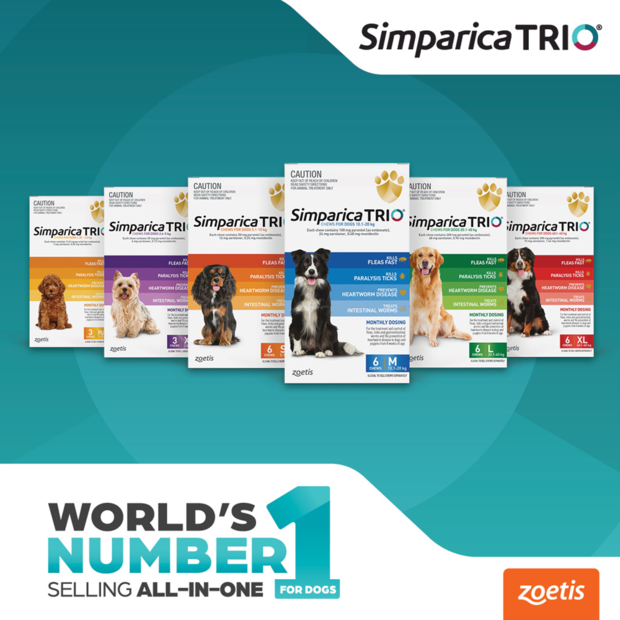 Simparica TRIO for Dogs 40.1-60 kg, 12 chews in red packaging, effective pet health solution.