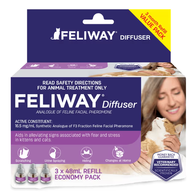 Feliway 48mL Diffuser Refill, 3-pack for reducing scratching and anxiety in cats.