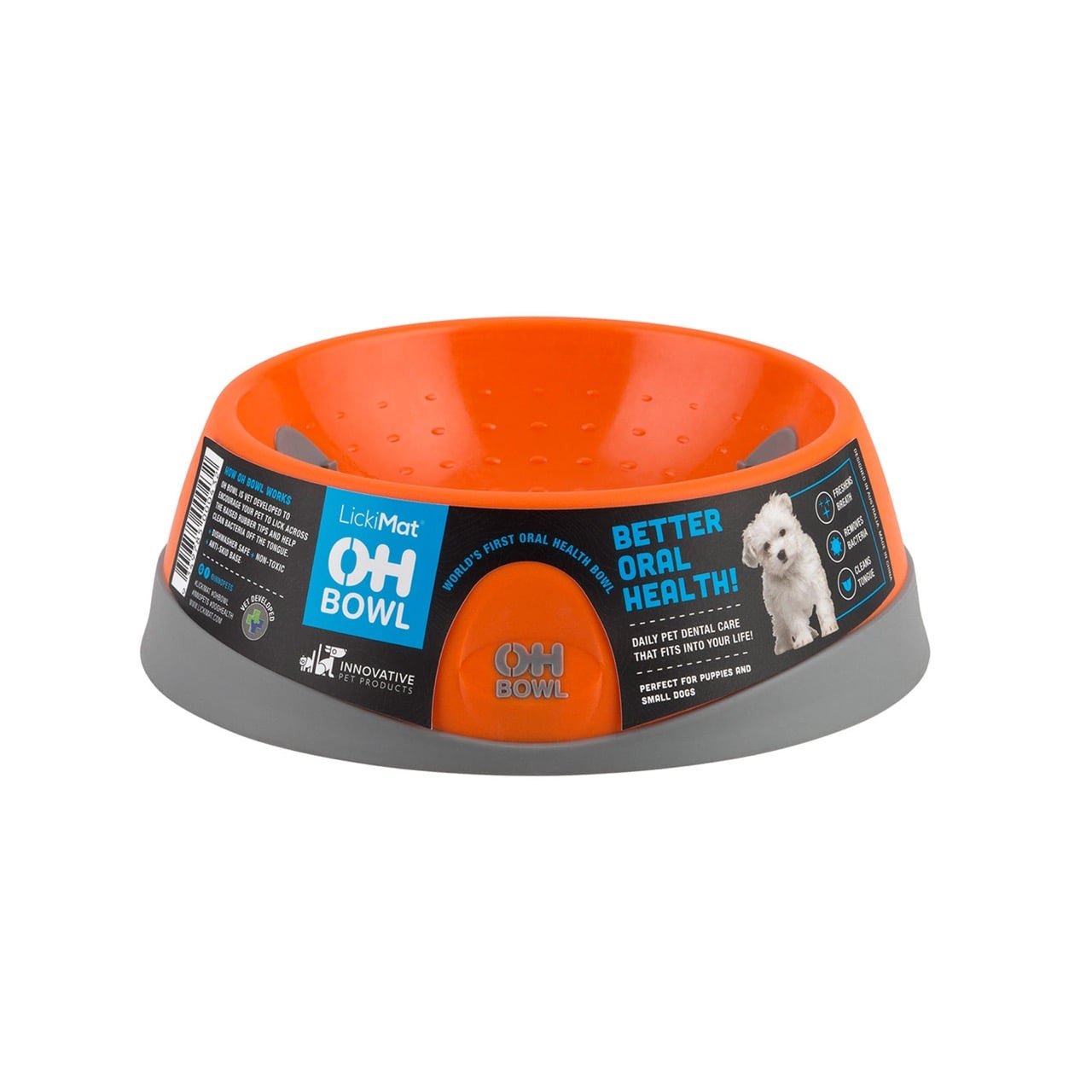 LickiMat Oh Bowl in small orange promotes oral hygiene for dogs with innovative design.