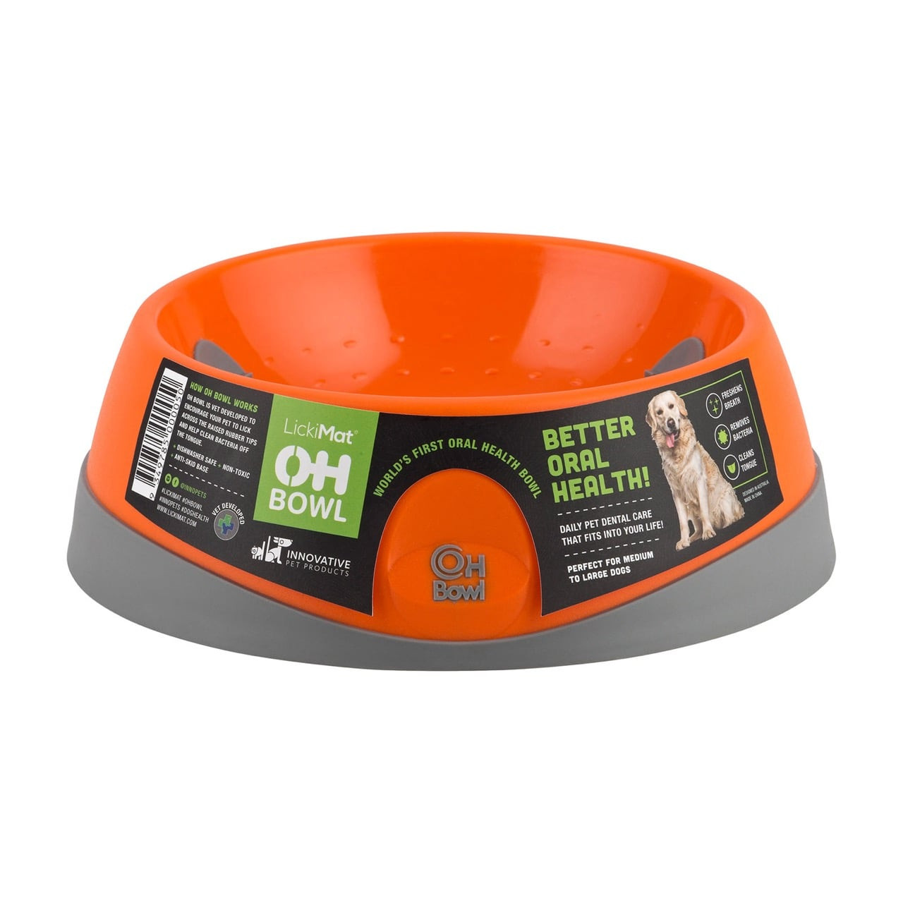 LickiMat Oh Bowl Medium Orange enhances oral hygiene for dogs with fun feeding.