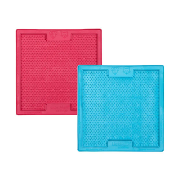 Lickimat Soother in red and blue; slow feeding mats for cats to promote healthy eating.