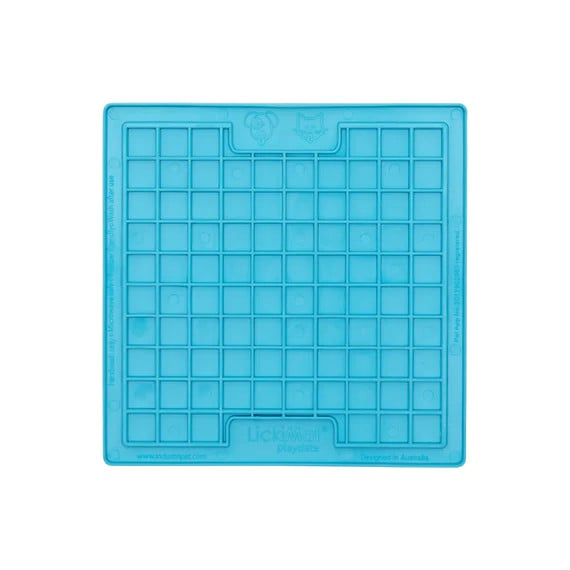 LickiMat Classic Playdate slow feeding mat for cats, blue with textured square design.