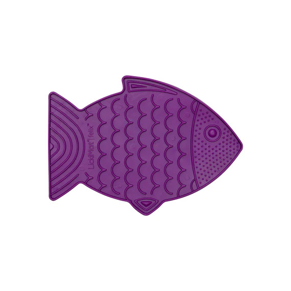Purple fish-shaped LickiMat Felix for slow feeding, ideal for enriching cat meals.
