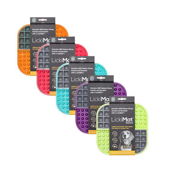 LickiMat Slomo Combo in various colors; promotes slow feeding for dogs and reduces stress.