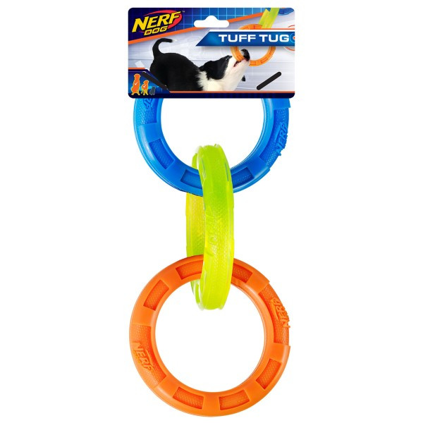 NERF DOG TPR 3 Ring Tug in blue, green, and orange, 29cm durable dog toy.