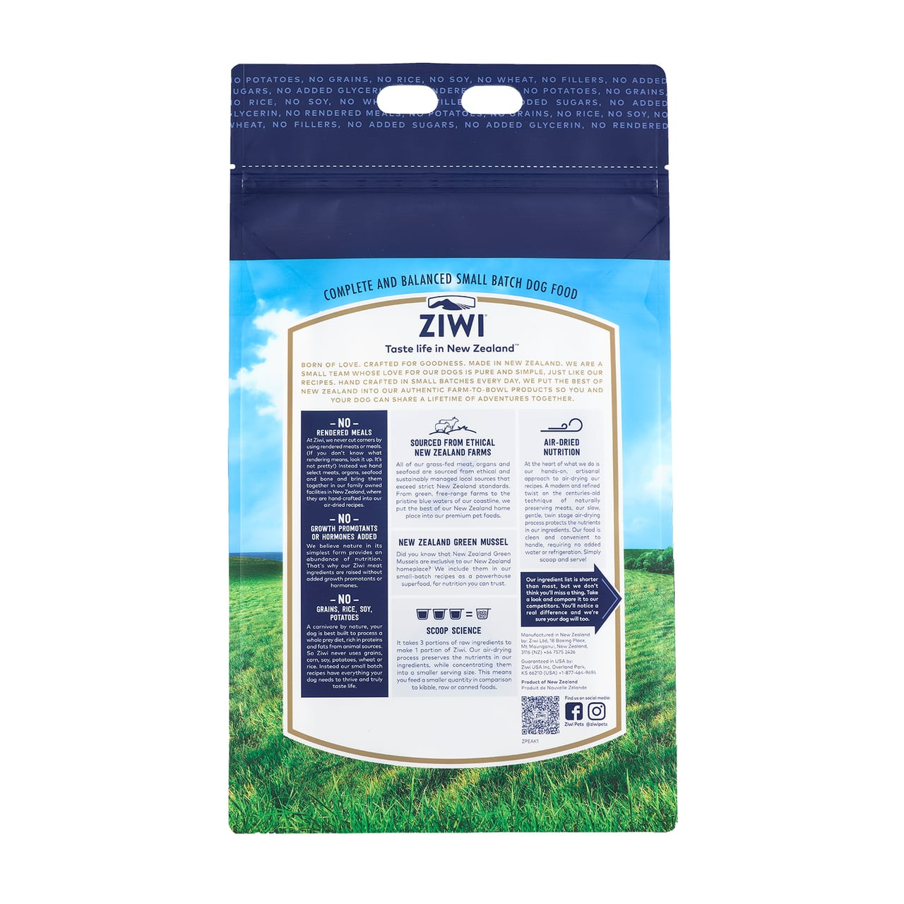 Ziwi Peak Beef Air-Dried Dog Food 454g bag with green field background and detailed nutritional info.