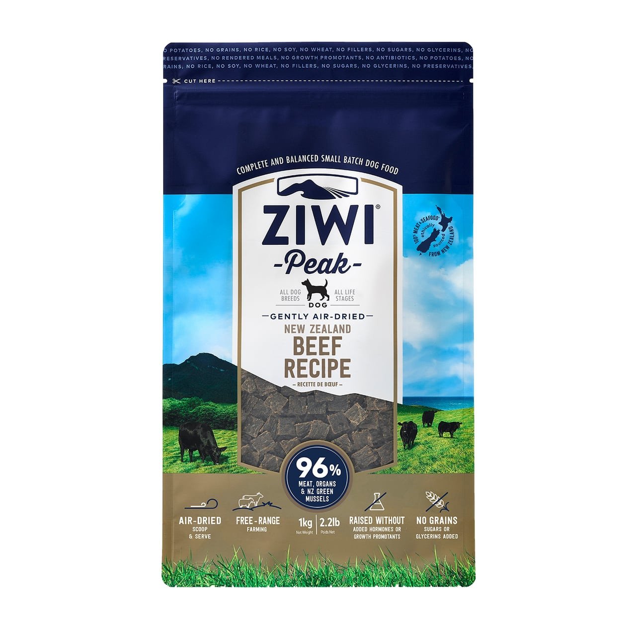 Ziwi Peak Beef Air-Dried Dog Food 1kg featuring natural ingredients and high protein for pet health.