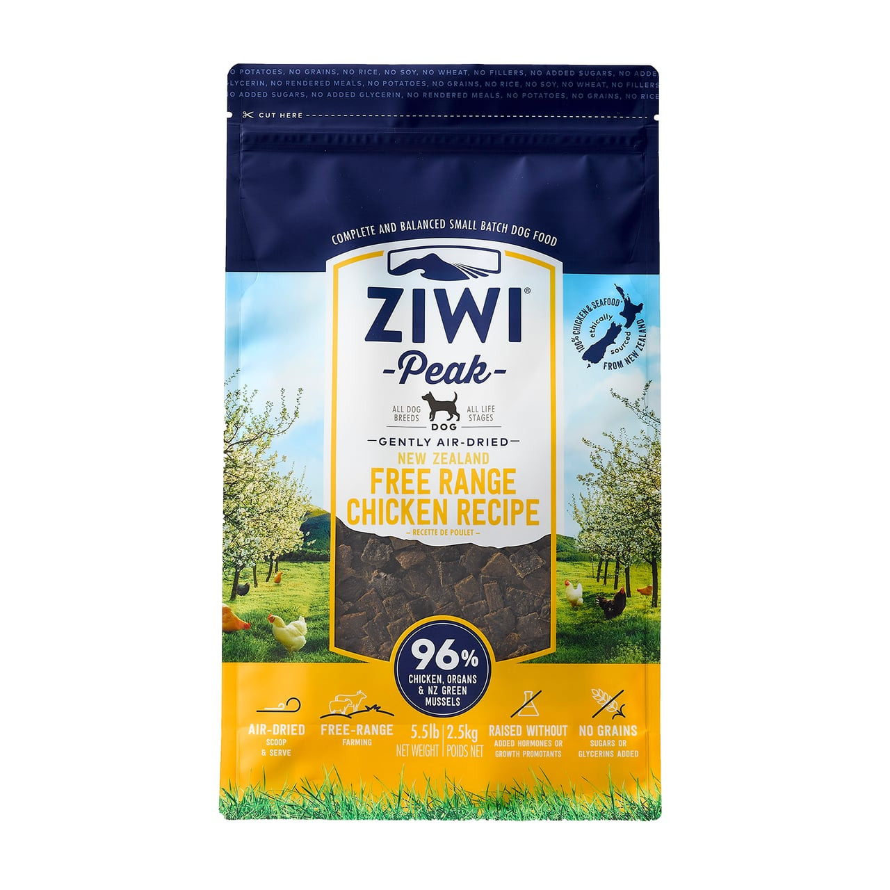 Ziwi Peak Chicken Air-Dried Dog Food 2.5kg bag featuring natural ingredients and free-range chicken.
