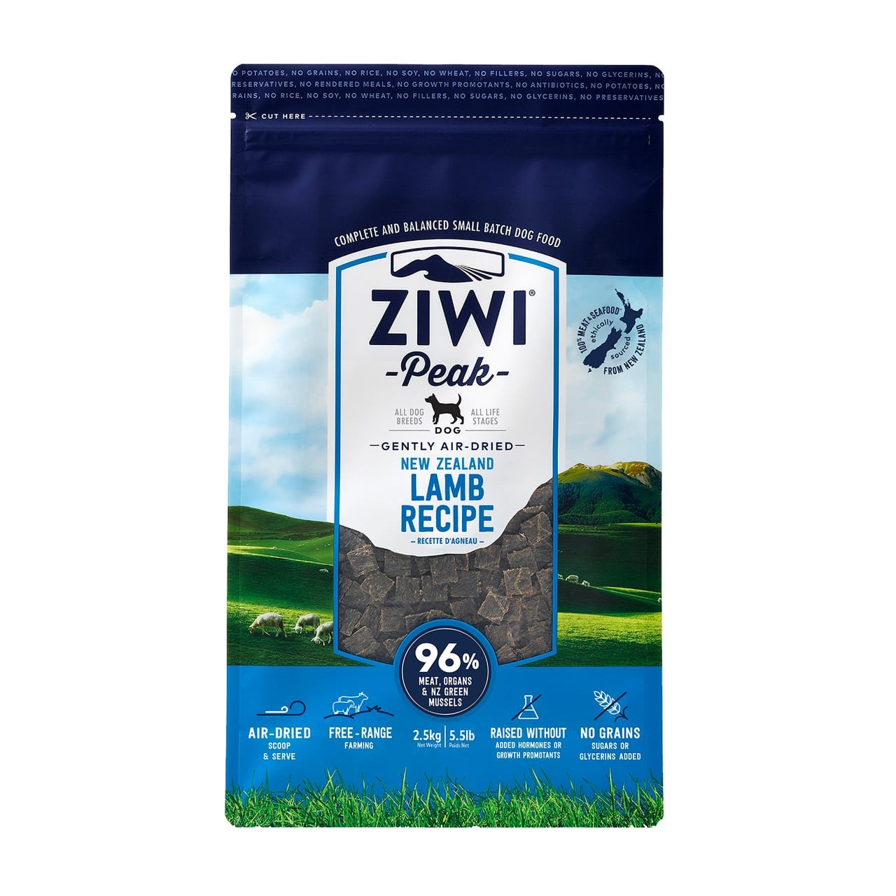 Ziwi Peak Lamb Air-Dried Dog Food 2.5kg bag featuring green landscape and nutritional details.