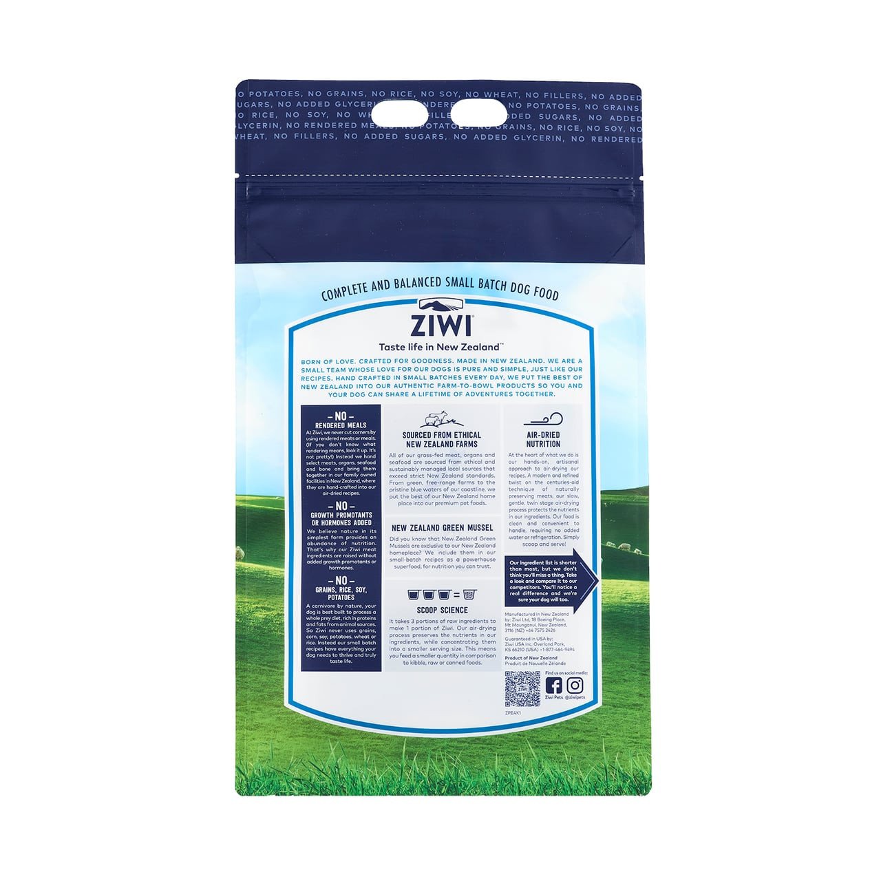 Ziwi Peak Lamb Air-Dried Dog Food 2.5kg packaging with nutritional information and green landscape background.