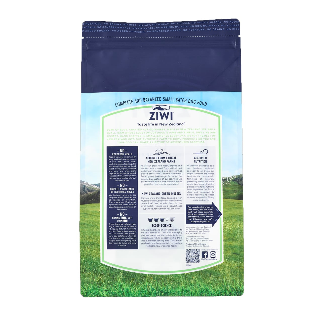 Ziwi Peak Tripe & Lamb Air-Dried Dog Food 1kg, featuring a blue and green nature-themed packaging.