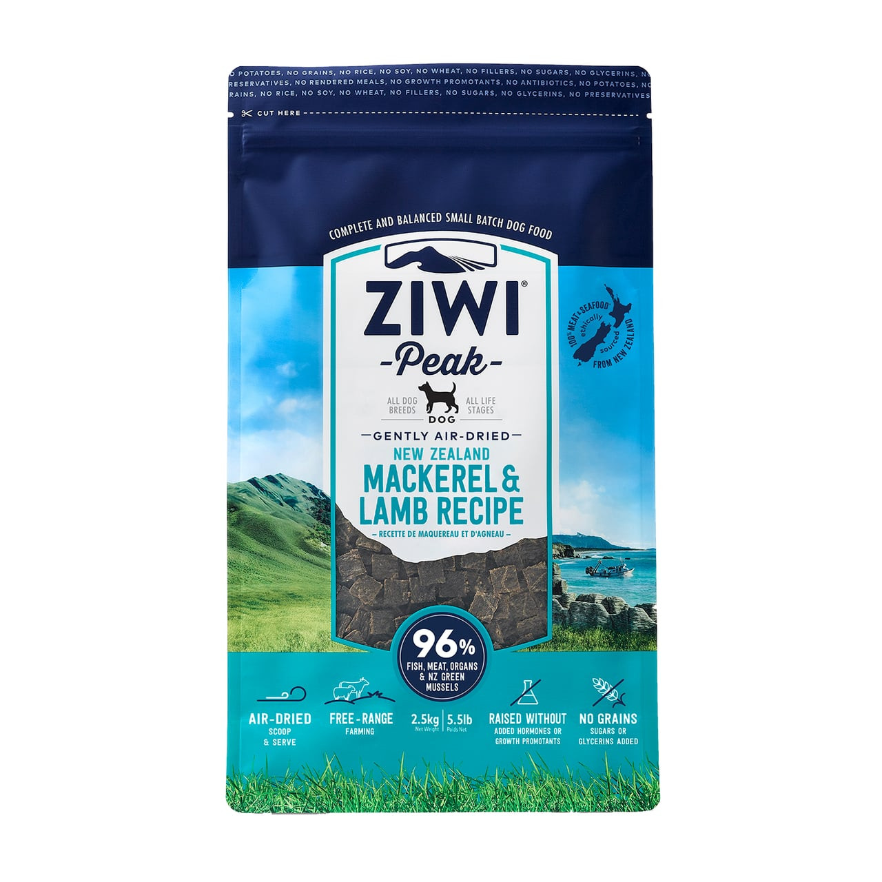 Ziwi Peak Mackerel & Lamb Air-Dried Dog Food 2.5kg, in resealable blue packaging.