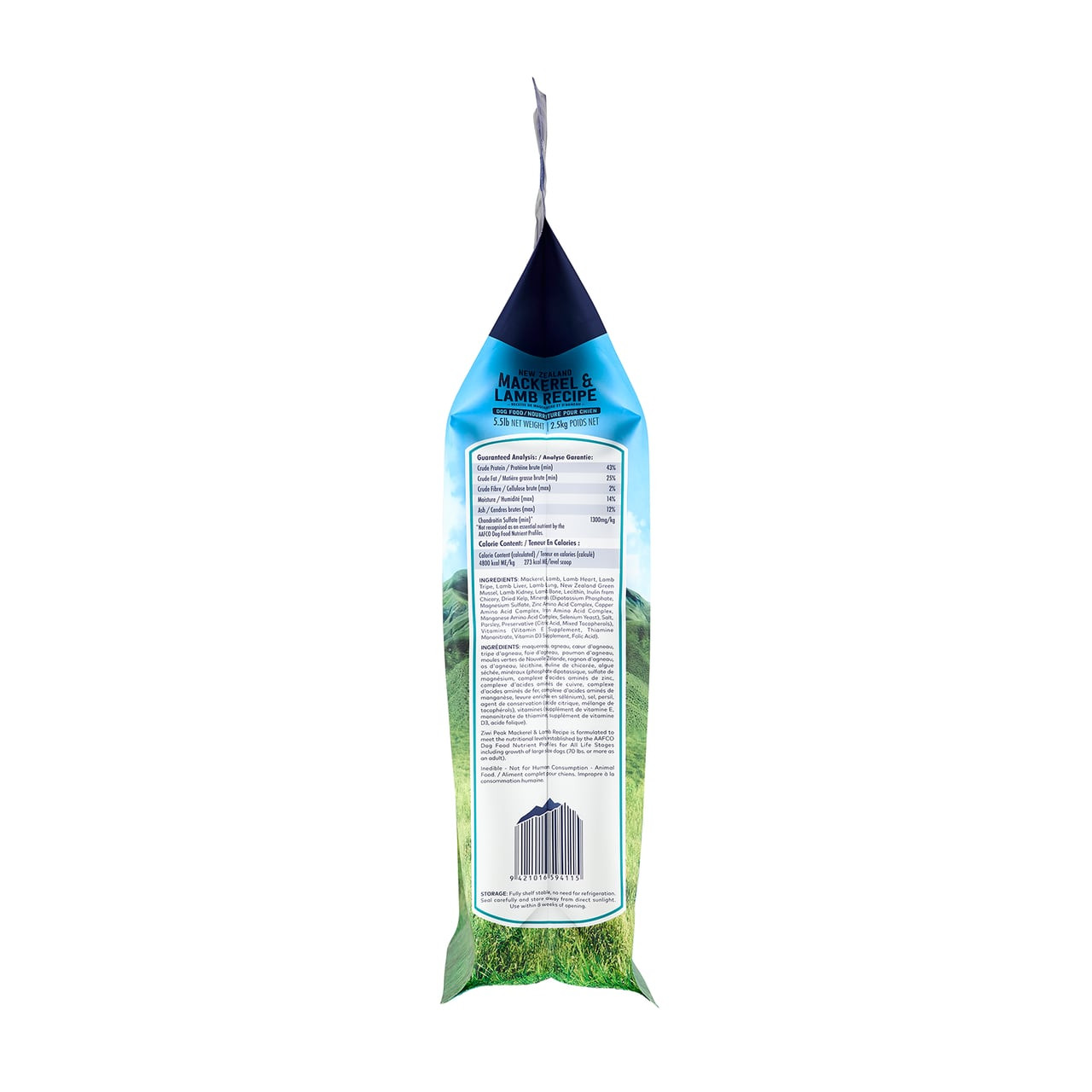 Ziwi Peak Mackerel & Lamb Air-Dried Dog Food 2.5kg packaging showcasing ingredients and nutritional information.