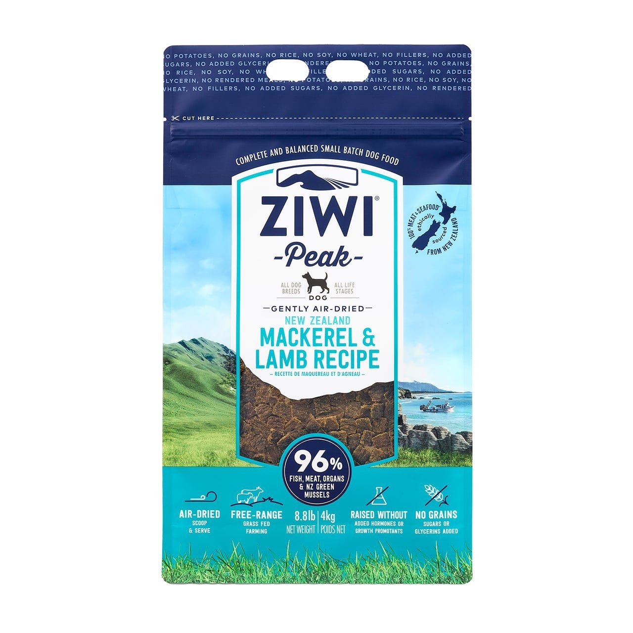 Ziwi Peak Mackerel & Lamb Air-Dried Dog Food 4kg with blue packaging and landscape design.