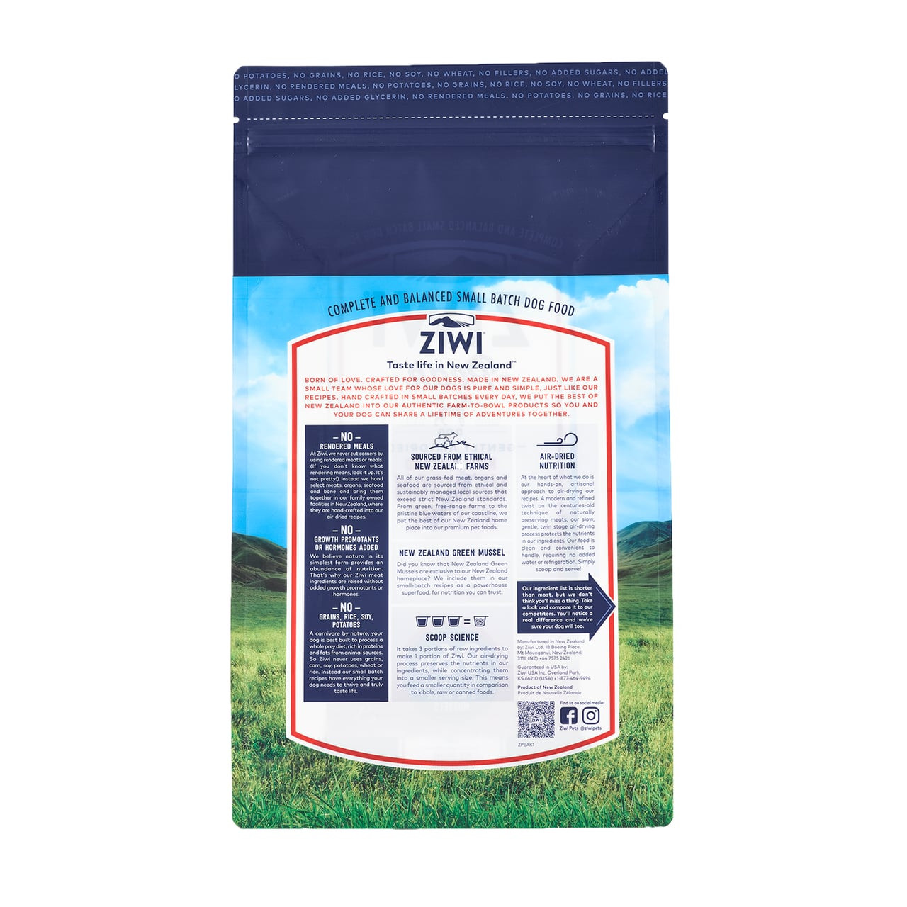 Ziwi Peak Venison Air-Dried Dog Food 1kg bag with nutritional information and scenic background.
