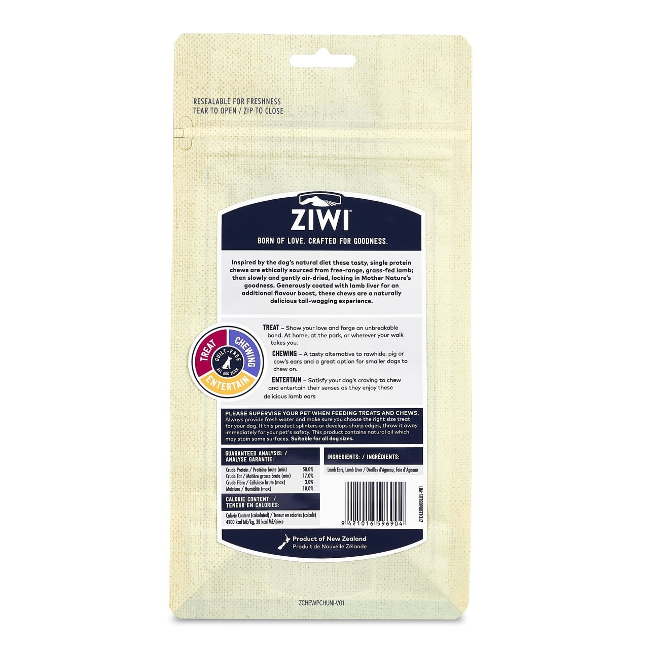 Ziwi Peak Liver Coated Lamb Ears 60g package, ideal for dog oral health and treats.