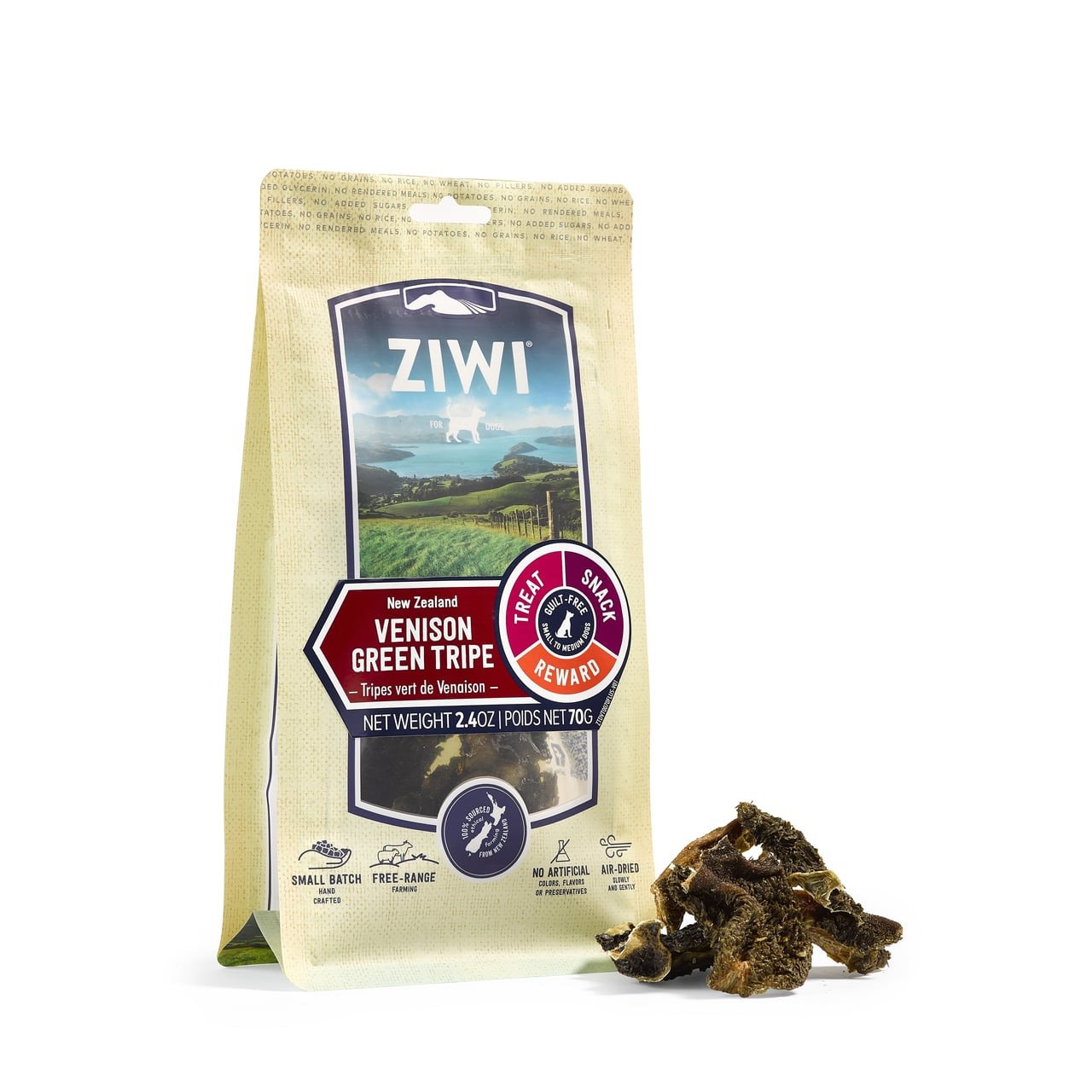 Ziwi Peak Venison Green Tripe Oral Health Chews 70g in a resealable packaging with chews.