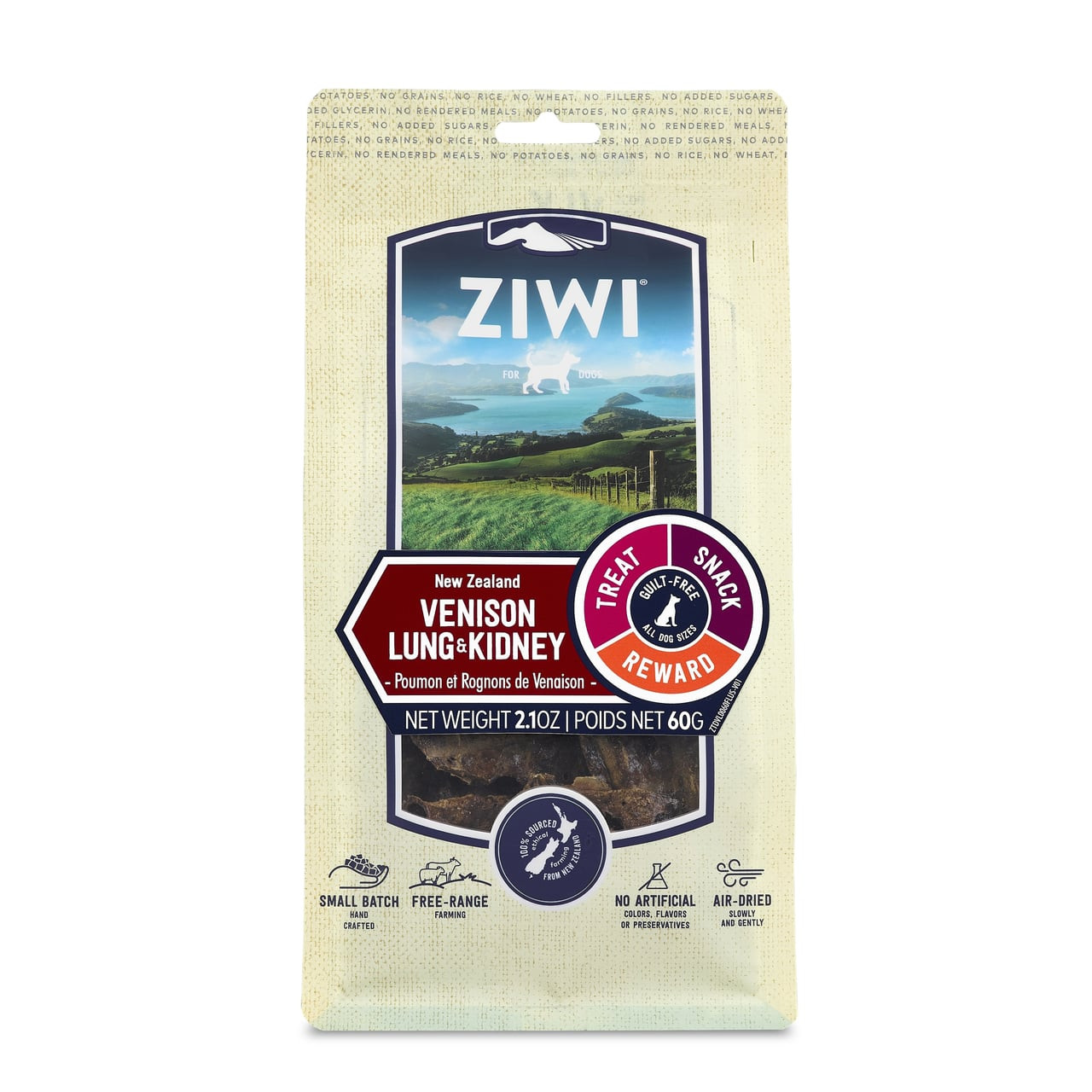 Ziwi Peak Venison Lung & Kidney chews 60g in resealable packaging for pet health.