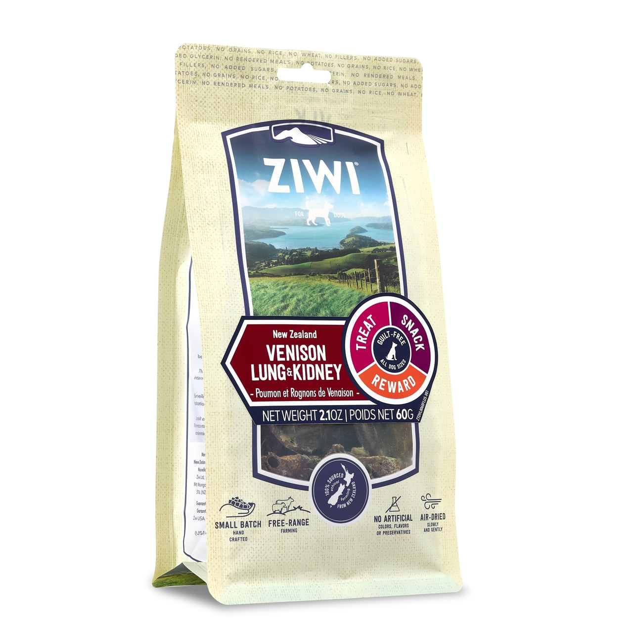 Ziwi Peak Venison Lung & Kidney Chews in resealable 60g package for pet health.