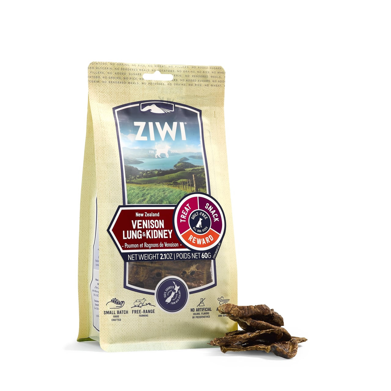 Ziwi Peak Venison Lung & Kidney chews in 60g bag, promoting oral health for dogs.