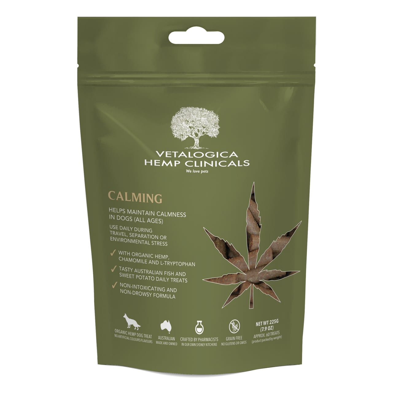 Hemp Clinicals Calming Treats for Dogs 225g, green packaging with hemp leaf design, promotes pet health.