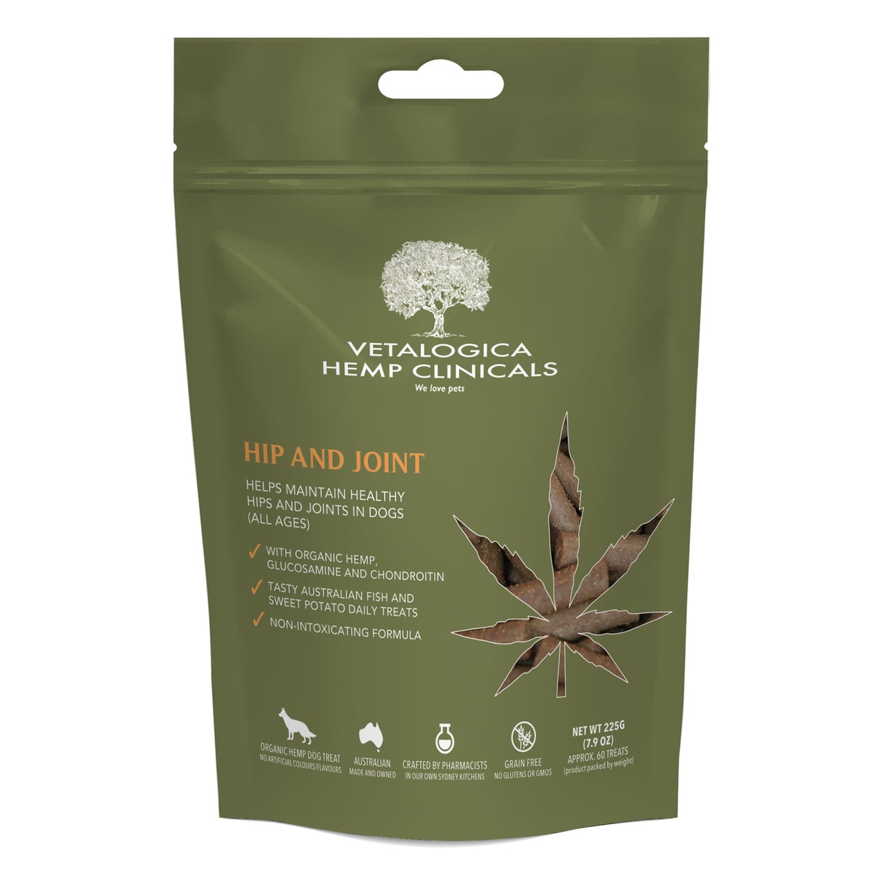 Hemp Clinicals Hip & Joint Treats for Dogs 225g with organic hemp, glucosamine, and chondroitin.