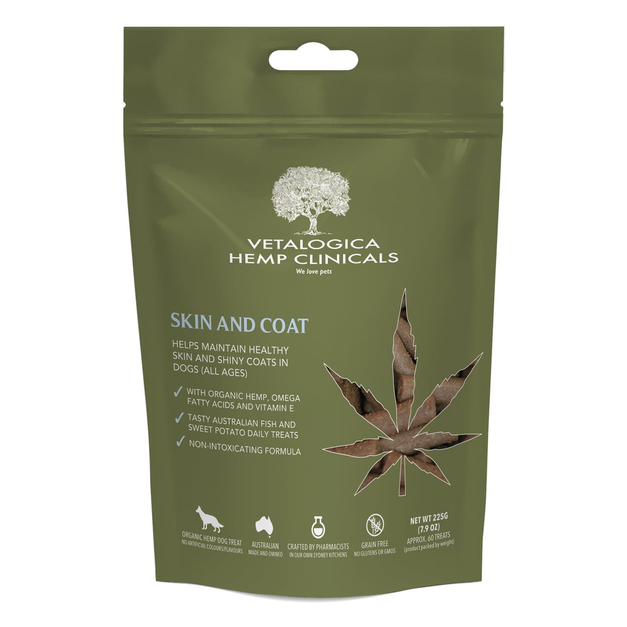 Hemp Clinicals Skin & Coat Treats for Dogs 225g, healthy dog treats for shiny coats.