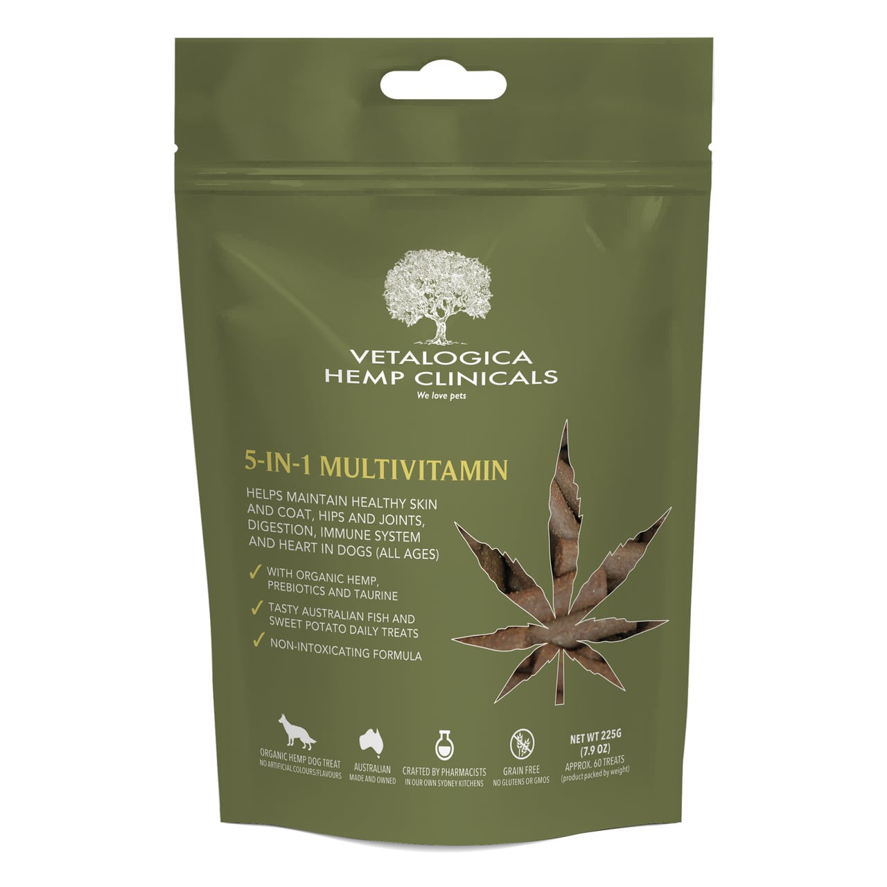 Hemp Clinicals 5-IN-1 Multivitamin Treats for Dogs, 225g packaging in green with hemp leaf.