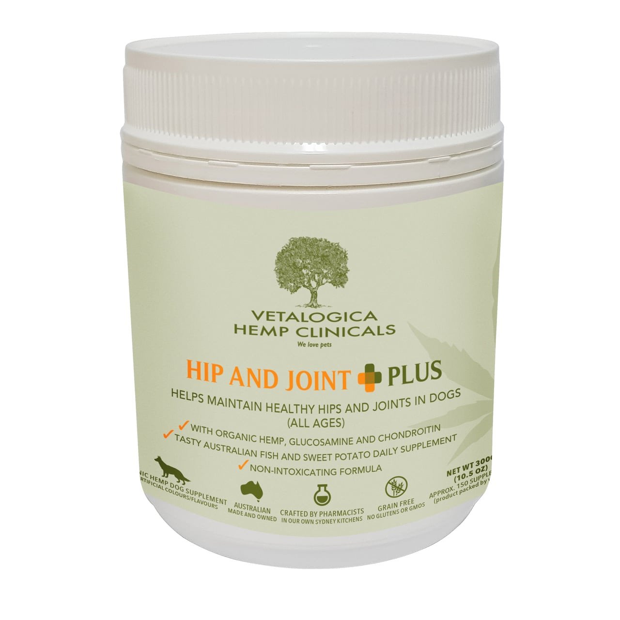 Hemp Clinicals Hip & Joint Plus Supplements for Dogs, 300g, supports healthy hips and joints.