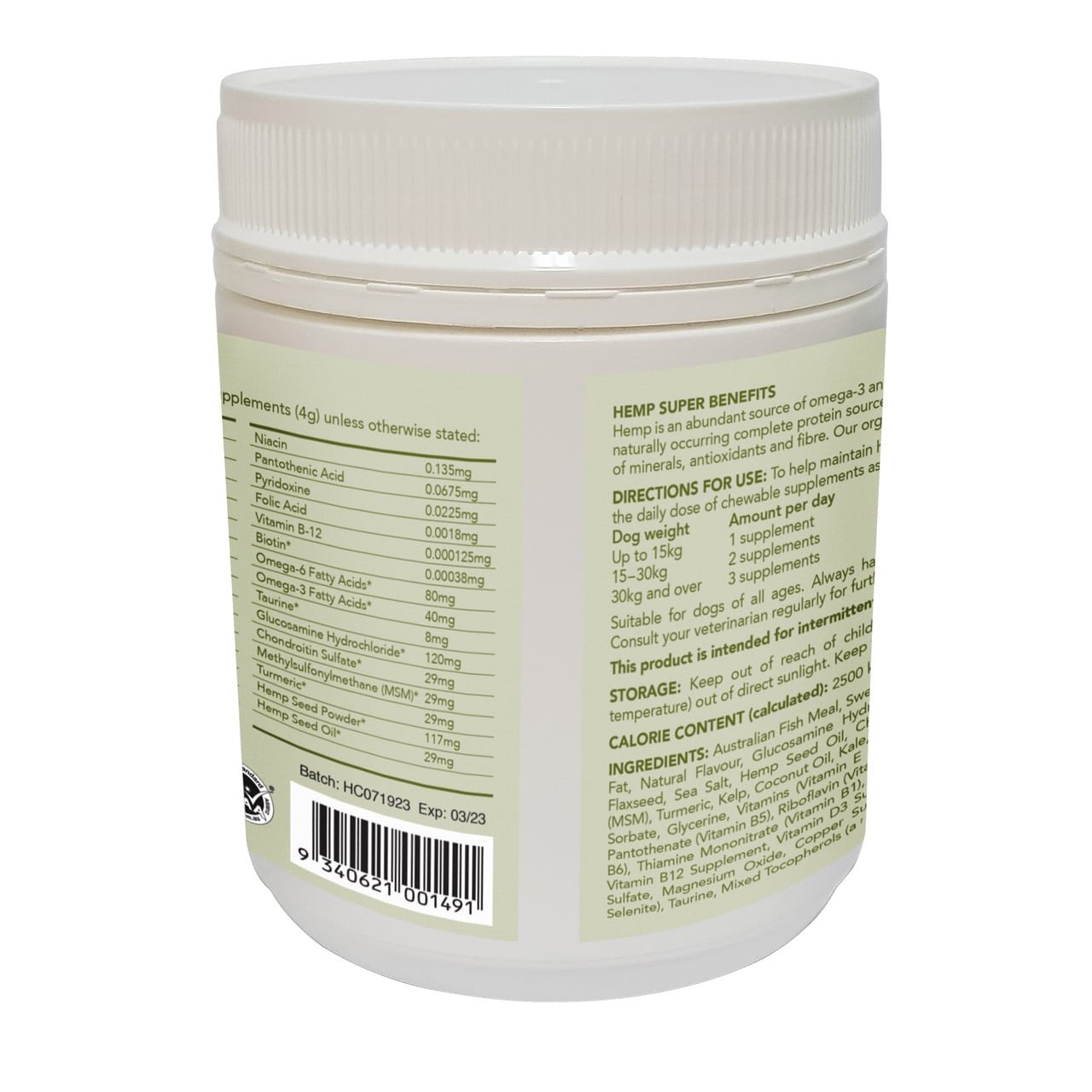 Hemp Clinicals Hip & Joint Plus Supplements for Dogs 300g with nutritional benefits and dosage instructions.