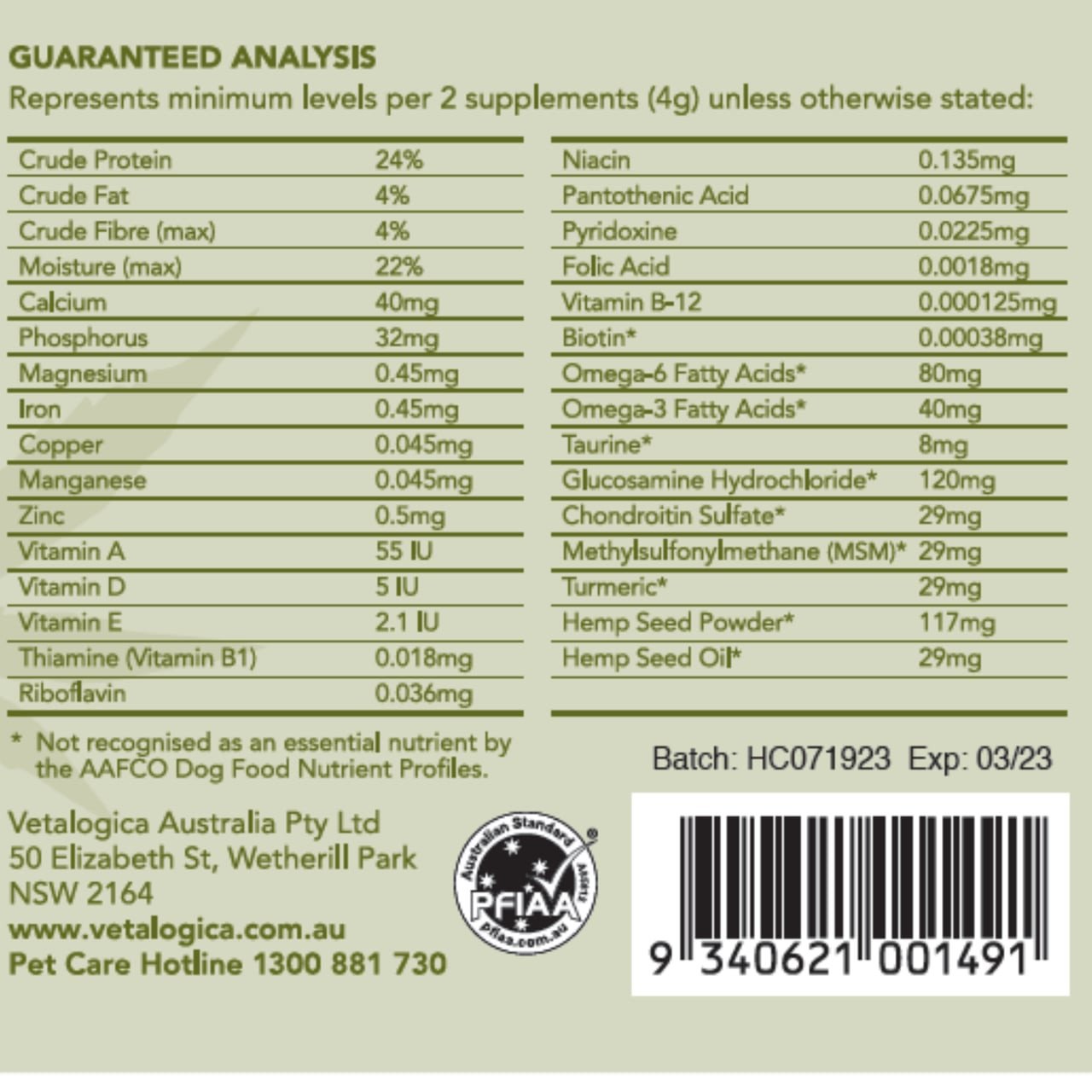 Hemp Clinicals Hip & Joint Plus Supplements for Dogs, 300g, nutrient analysis and ingredients listed.
