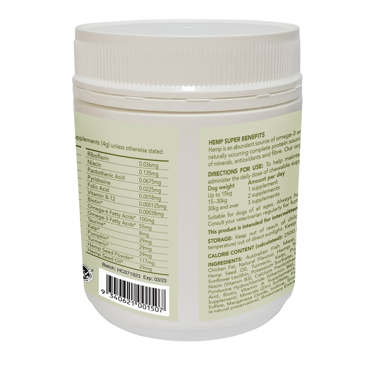 Hemp Clinicals Skin & Coat Plus Supplements for Dogs, 300g, supports pet health with essential nutrients.