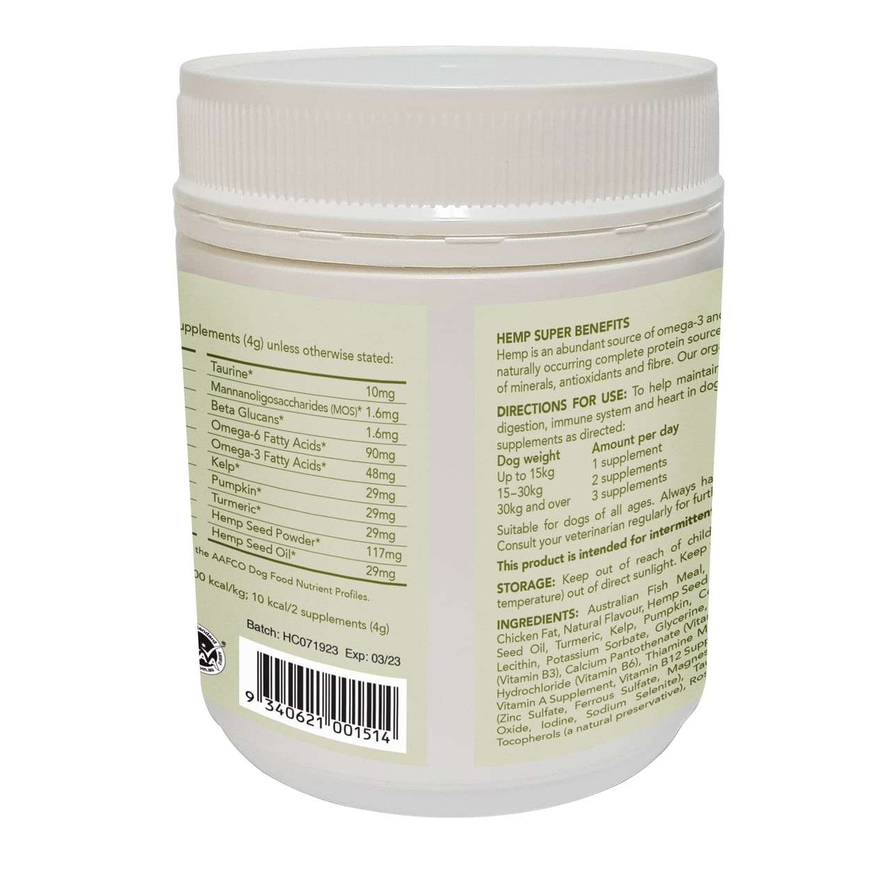 Hemp Clinicals 5-IN-1 Multivitamin Plus Supplements for Dogs, 300g, featuring detailed nutritional information.